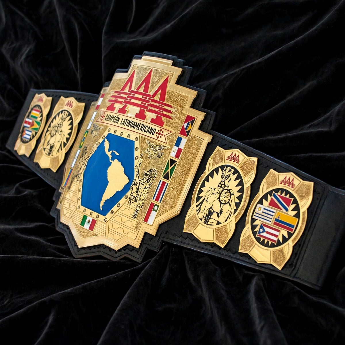 4mm zinc AAA Latin American champion belt gold plated Aztec warrior Mexican flag detail