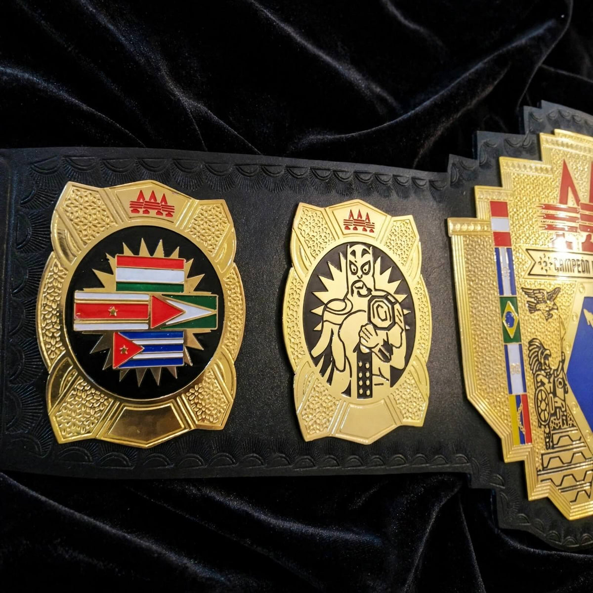 AAA Latin American champion belt side plates Aztec warrior design Mexican flag replica title